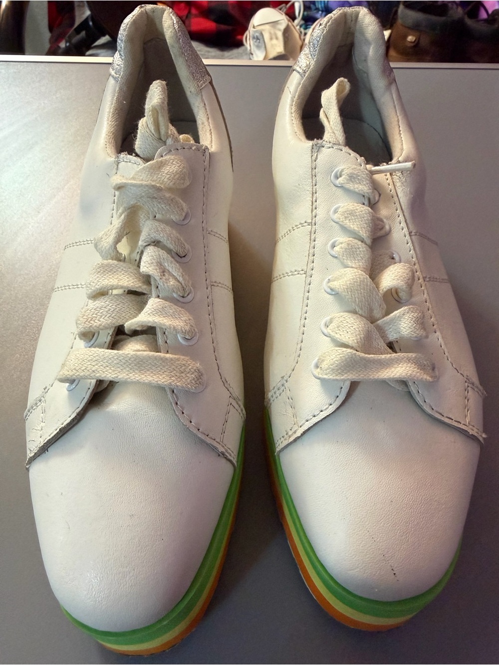 White Leather Platform Sneakers with Green & Orange Stripe Sole